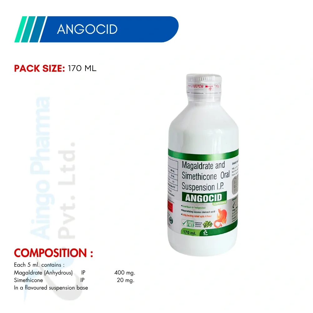 ANGOCID (ELAICHI FLAVOUR) – Magaldrate 400mg + Simethicone 20mg (Sugar Free) Suspension
