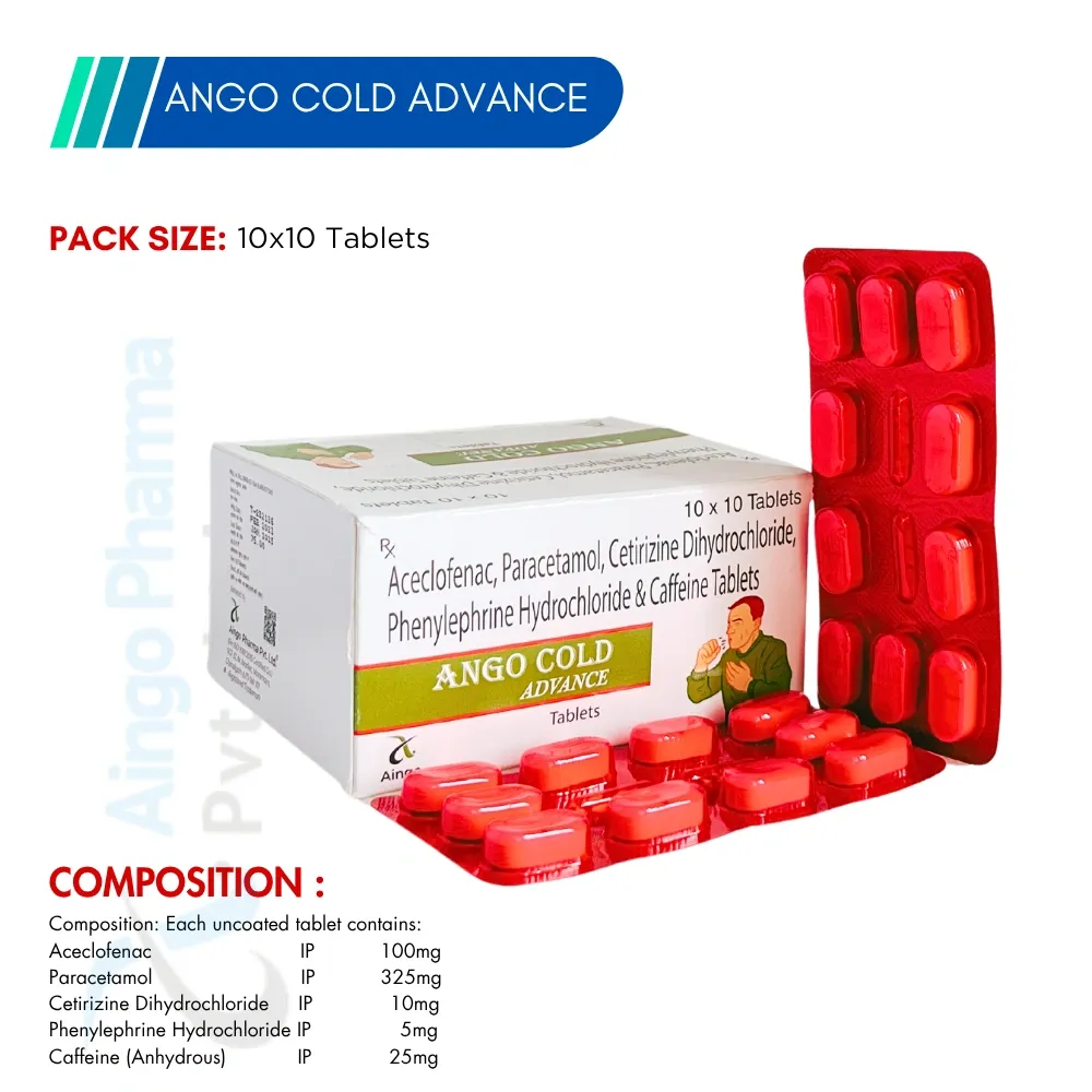 ANGO-COLD ADVANCE – Aceclofenac 100mg + Paracetamol 325mg + Phenylephrine HCl 5mg + Cetirizine Dihyd...
