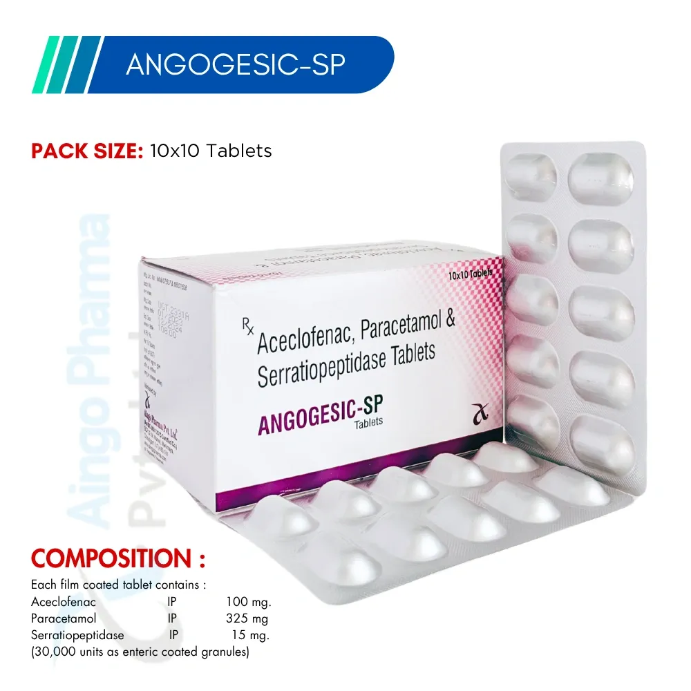 ANGOGESIC-SP – Aceclofenac 100mg + Paracetamol 325mg + Serratiopeptidase 15mg Tablets