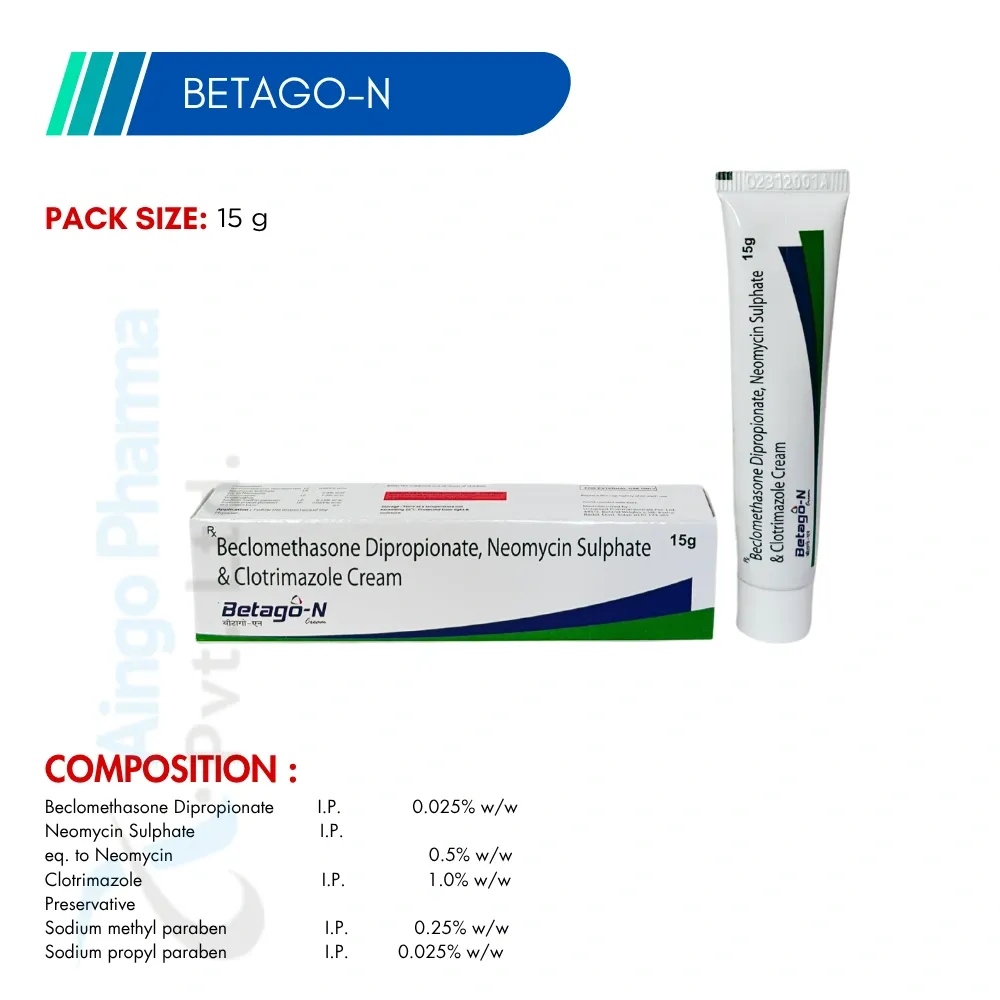 BETAGO-N – Beclomethasone Dipropionate 0.025% w/w + Clotrimazole 1% w/w + Neomycin Sulphate...