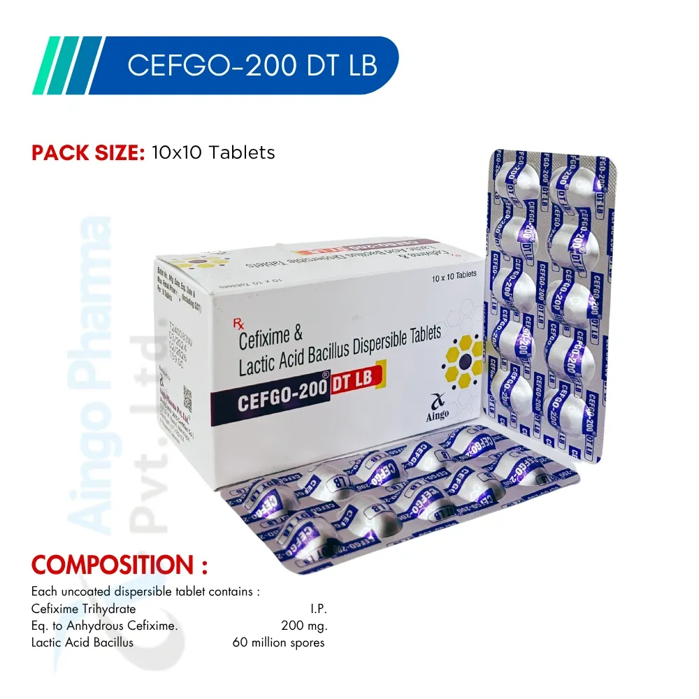 CEFGO-200 DT LB – Cefixime 200mg + Lactic Acid Bacillus Dispersible Tablets