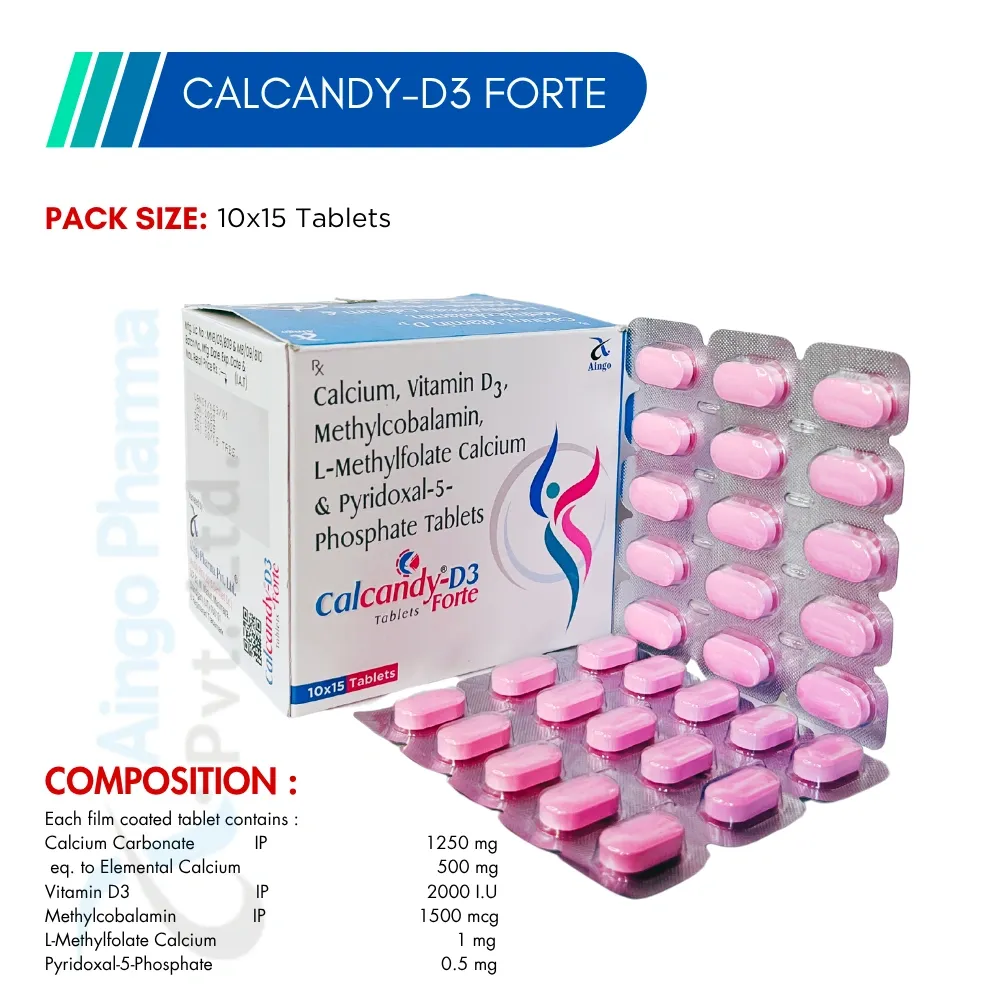 CALCANDY-D3 FORTE – Calcium Carbonate 1250mg Eq. to Elemental Calcium 500mg + Vitamin D3 2000 I.U. +...