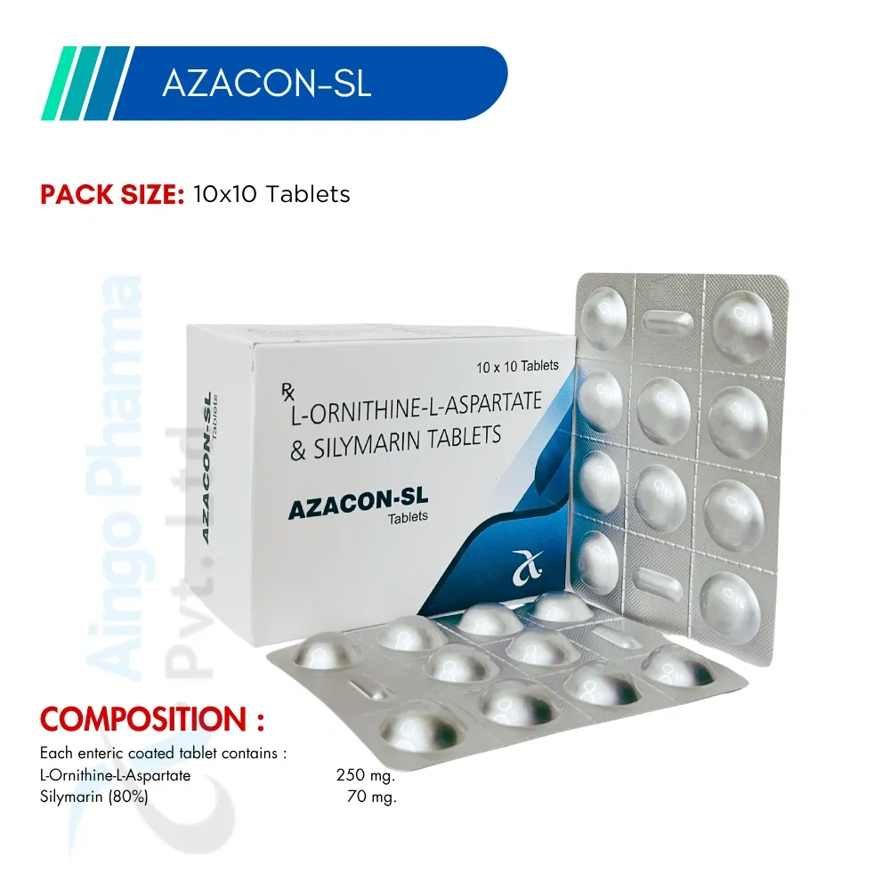AZACON-SL – L-ornithine L-Aspartate 250mg + Silymarin (80%) 70mg Tablets