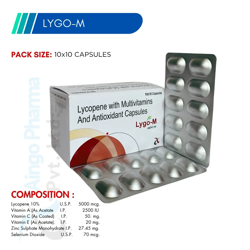 LYGO-M – Lycopene 5000mcg + Selenium 70mcg + Zinc Sulphate 27.45mcg + Vit A + Vit B1 + Vi...