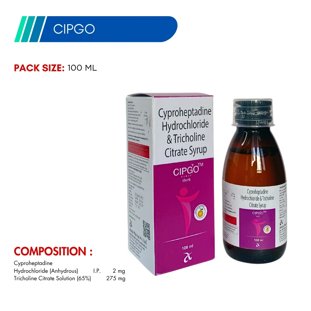 CIPGO-100 ML – Cyproheptadine Hydrochloride 2.0mg + Tricholine Citrate 275mg Syrup