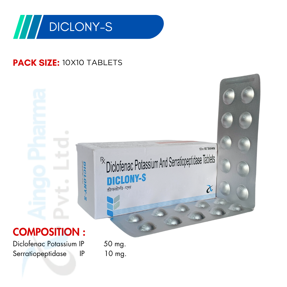 DICLONY-S – Diclofenac Potassium 50mg + Serratiopeptidase 10mg Tablets