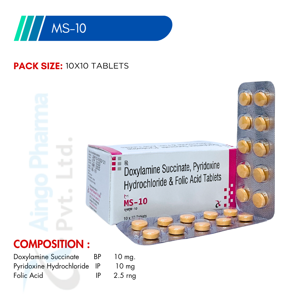 MS-10 – Doxylamine Succinate 10mg + Pyridoxine Hydrocholride 10mg + Folic Acid 2.5mg Tab...