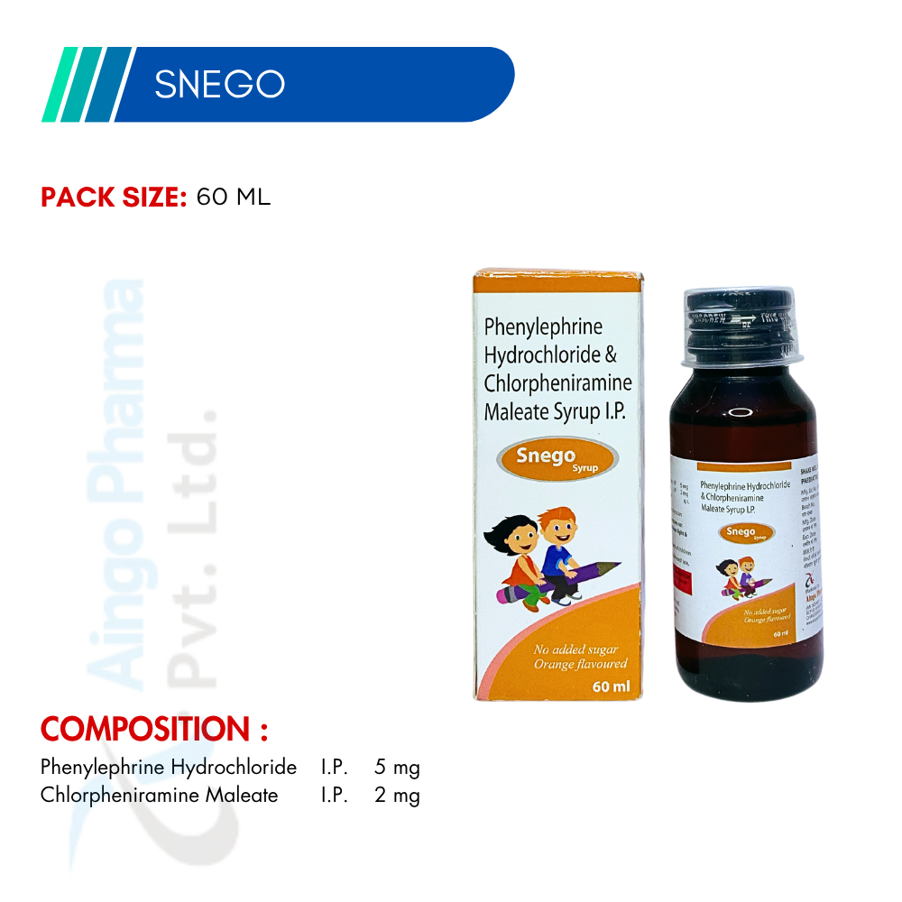 SNEGO – Phenylephrine Hydrochloride 5mg + Chlorpheniramine Maleate 2mg Orange Flavour Sy...