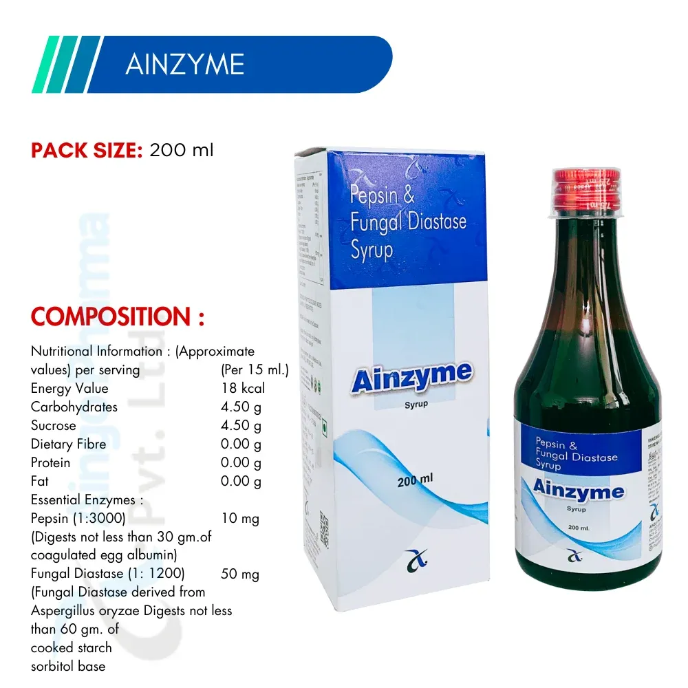 AINZYME – Fungal Diastase (1:1200) 50mg + Pepsin (1:3000)10mg Syrup