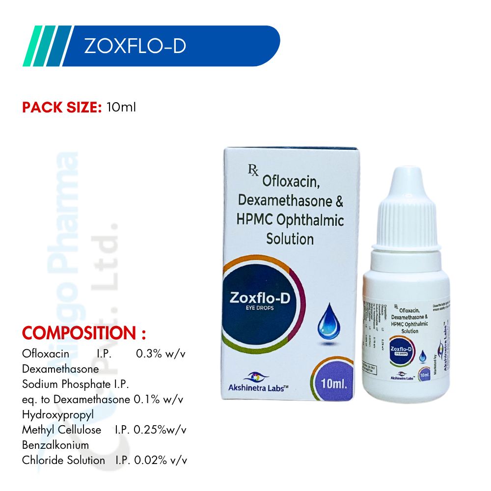 ZOXFLO-D – Ofloxacin 0.3% w/v + Dexamethasone Sodium Phosphate 0.1% + Methyl Cellulose 0.25...