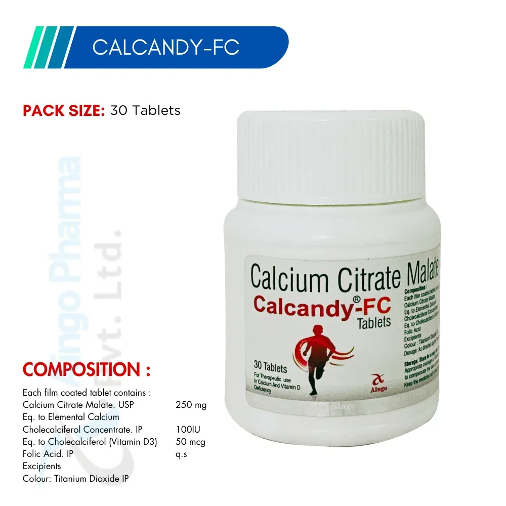 CALCANDY-FC – Calcium Citrate Malate 250mg + Vitamin D3 100 I.U. + Folic Acid 50mcg Tablets
