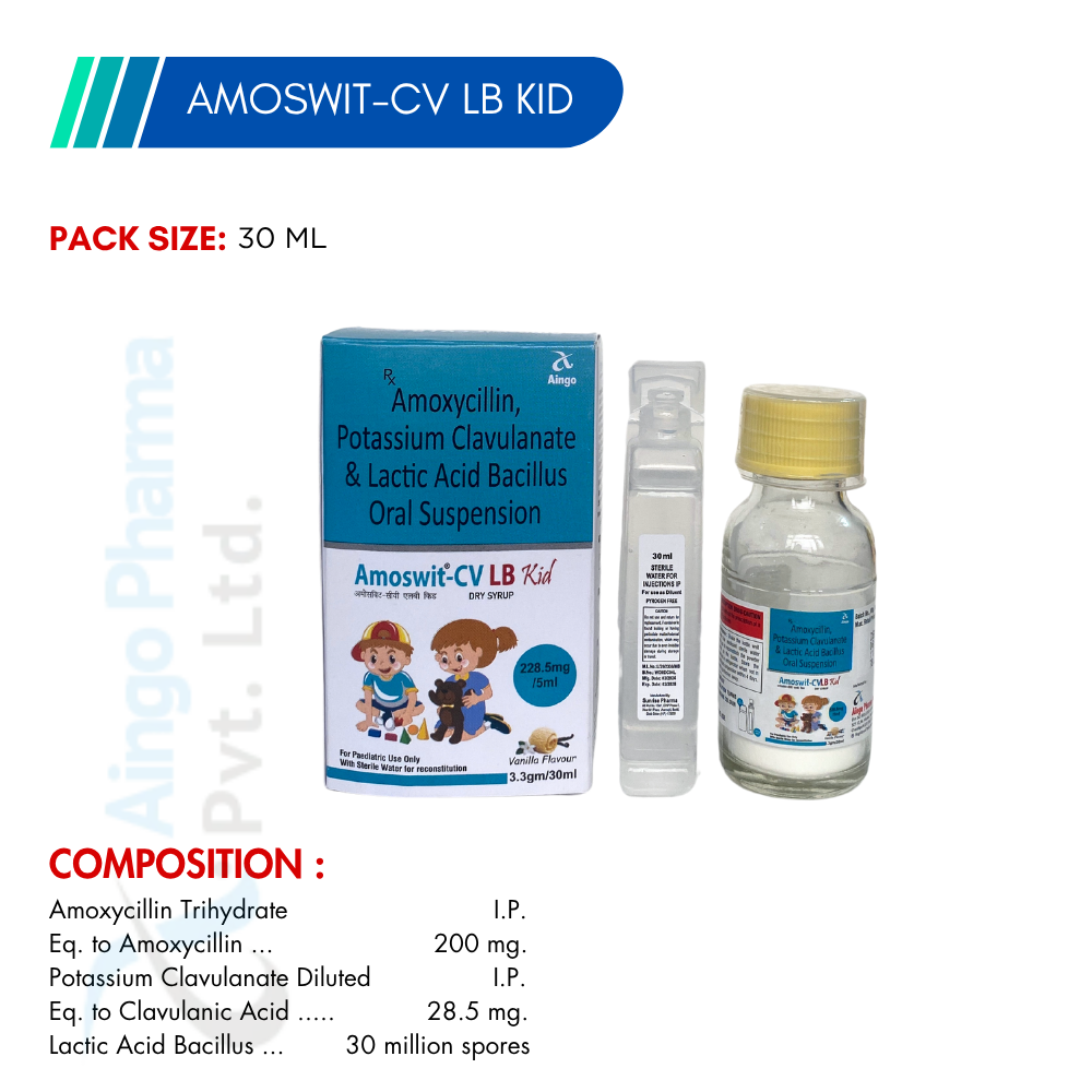 AMOSWIT-CV LB KID – Amoxycillin 200mg + Clavulanic Acid 28.5mg + Lactic Acid Bacillus 30 Million Spo...