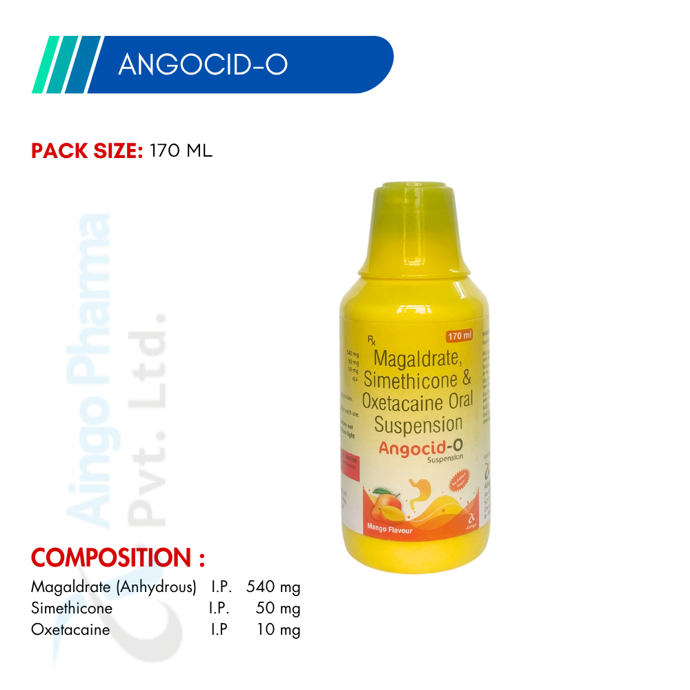 ANGOCID-O (MANGO FLAVOUR) – Magaldrate 540mg + Simethicone 50mg+ Oxetacaine 10mg Sugar Free Suspension