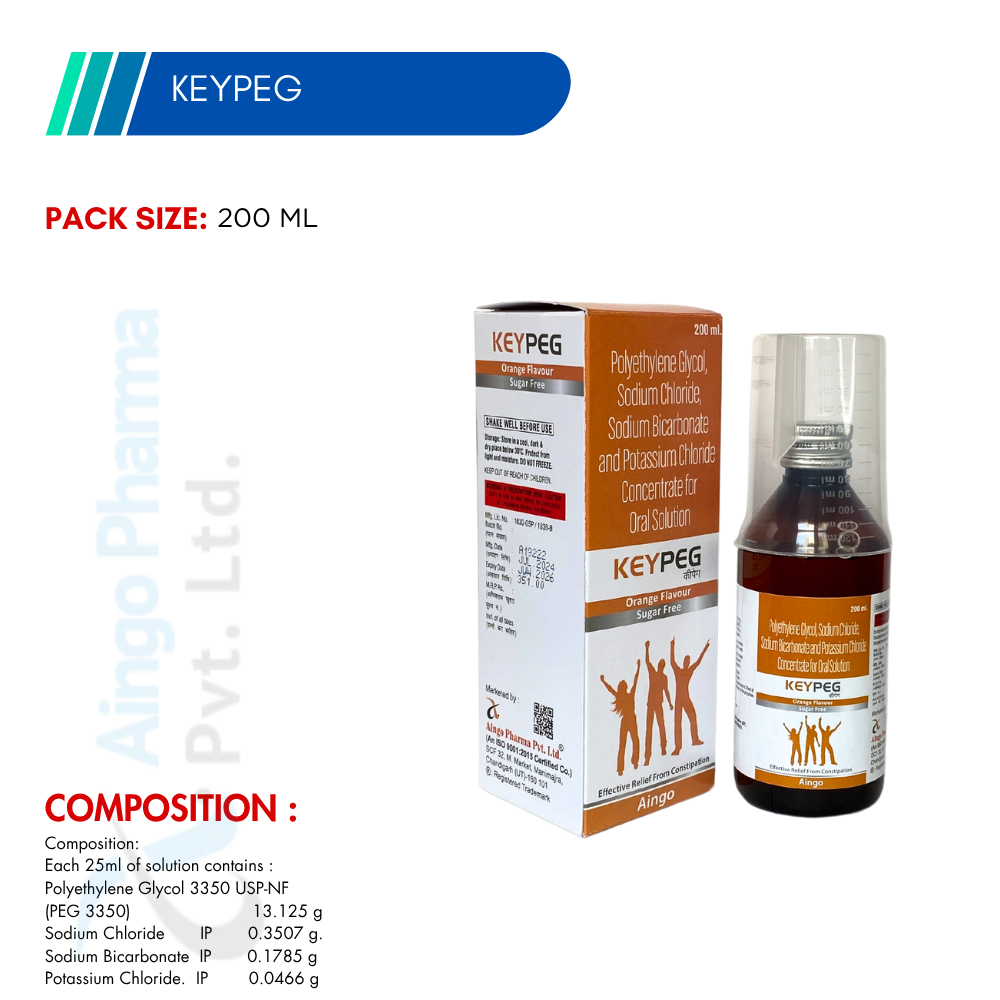 KEY PEG (SUGAR FREE) – Polyethylene Glycol 13.125g + Sodium Chloride 0.3507g + Sodium Bicarbonate 0.178...