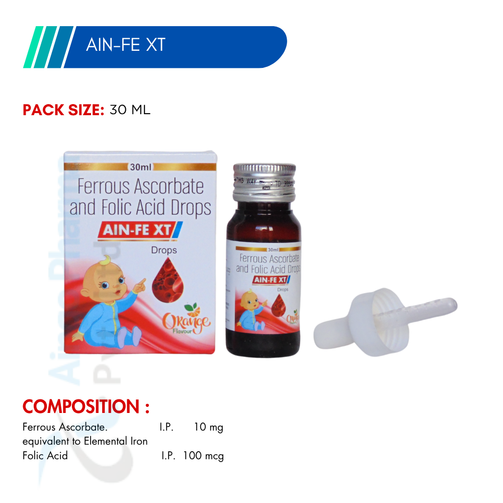 AIN-FE-XT – Ferrous Ascorbate 10mg + Folic Acid 100mcg Drops