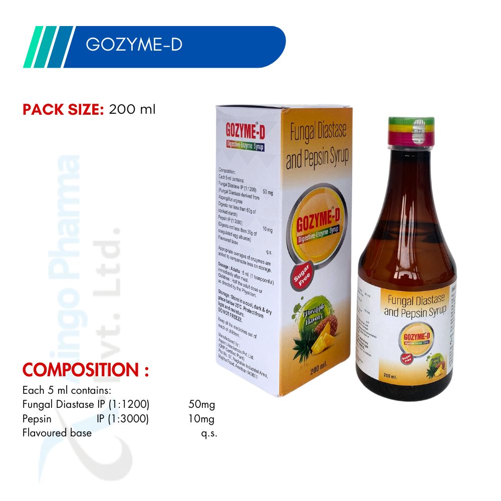 GOZYME-D – Fungal Diastase (1:1200) 50mg + Papsin 10mg Syrup
