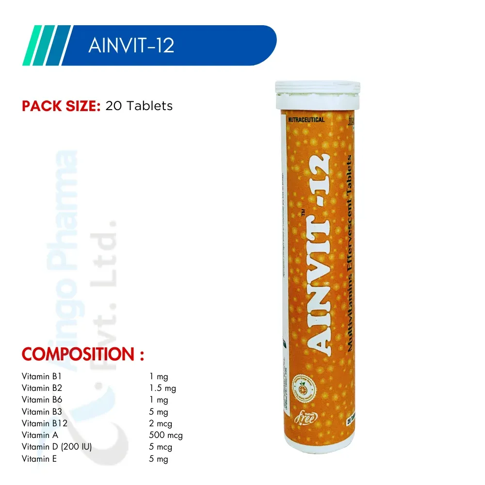 AINVIT-12 – Vit B1 1mg + Vit B2 1.5mg + Vit B6 1mg + Vit B3 5mg + Vit B12 2mcg + Vit A 500mg...