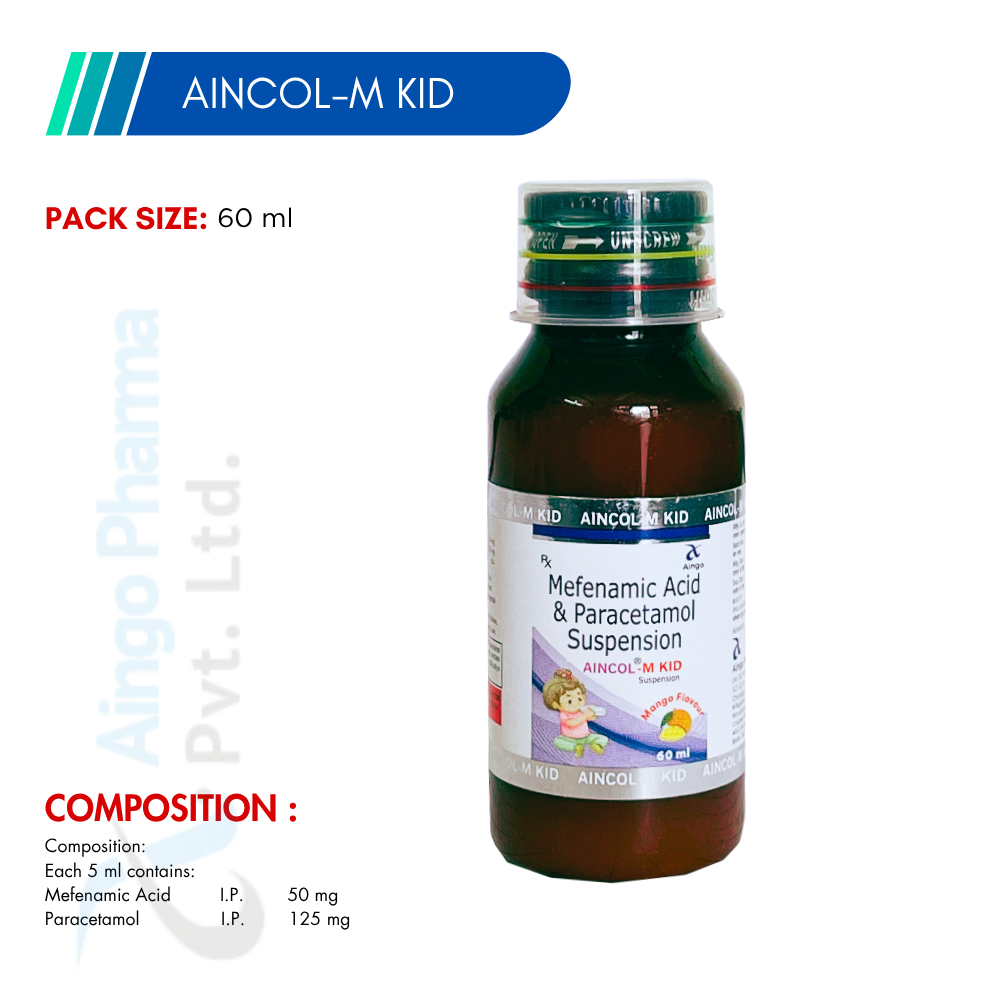 AINCOL-M KID – Paracetamol 125mg + Mefenamic Acid 50mg Suspension