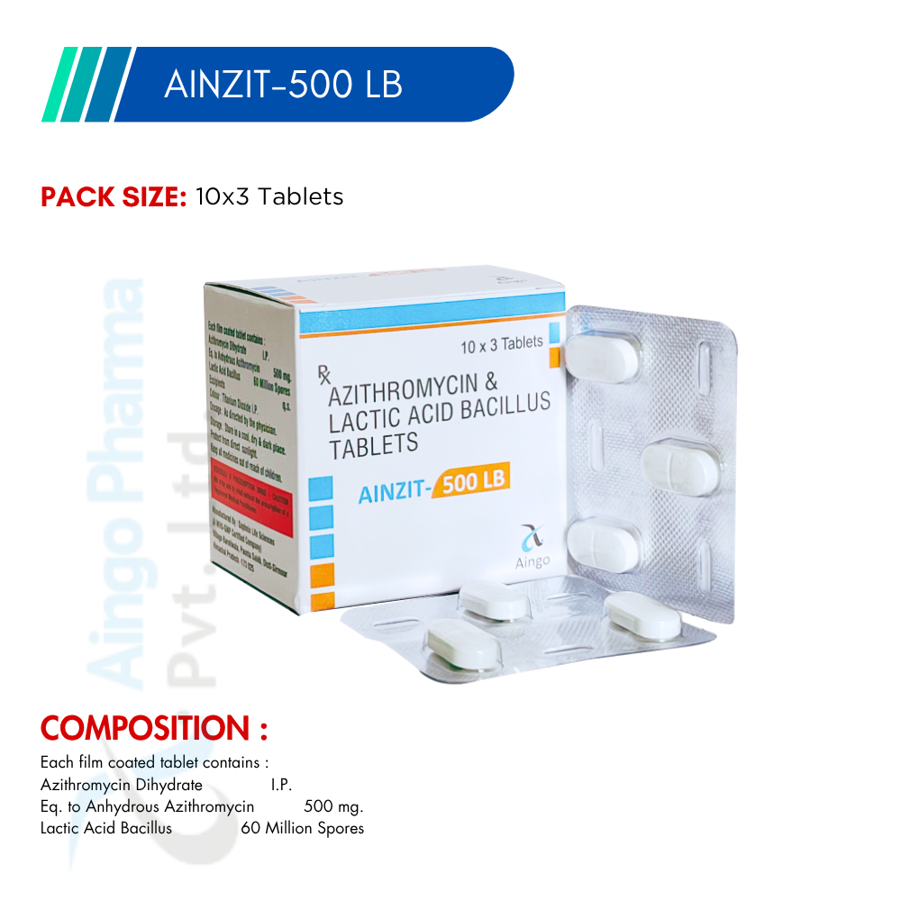 AINZIT-500 LB – Azithromycin 500mg + Lactic Acid Bacillus Tablets