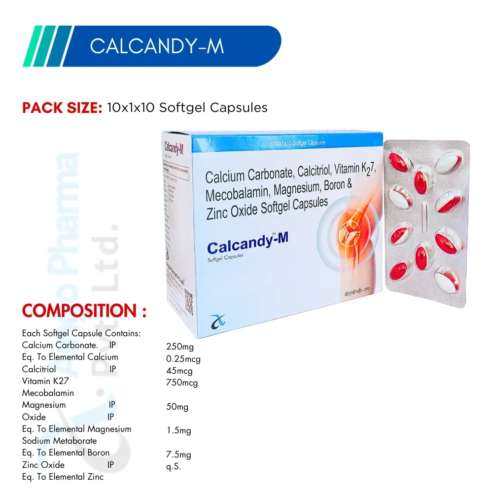 CALCANDY-M – Calcium Carbonate 250mg + Calcitriol 0.25mcg + Vitamin K27 45mcg + Mecobalamin 7...