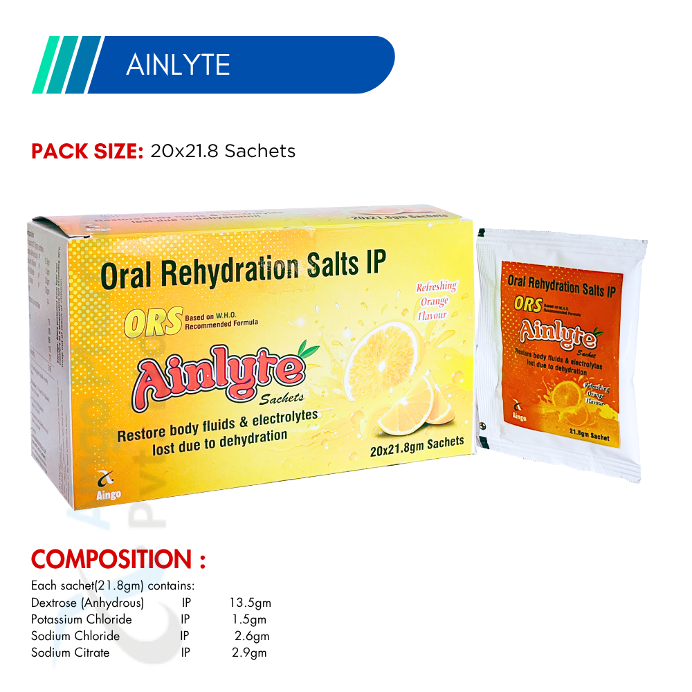 Ainlyte ORS – Oral Rehydration Salts IP (Orange Flavour)