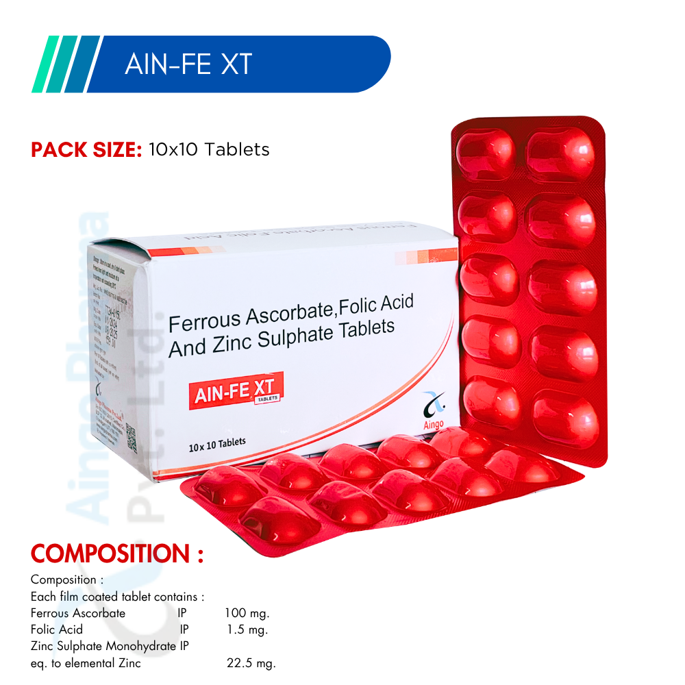 AIN-FE-XT – Ferrous Ascorbate Eq.to Elemental Iron 100mg + Folic Acid 1.5mg + Zinc Sulphate...