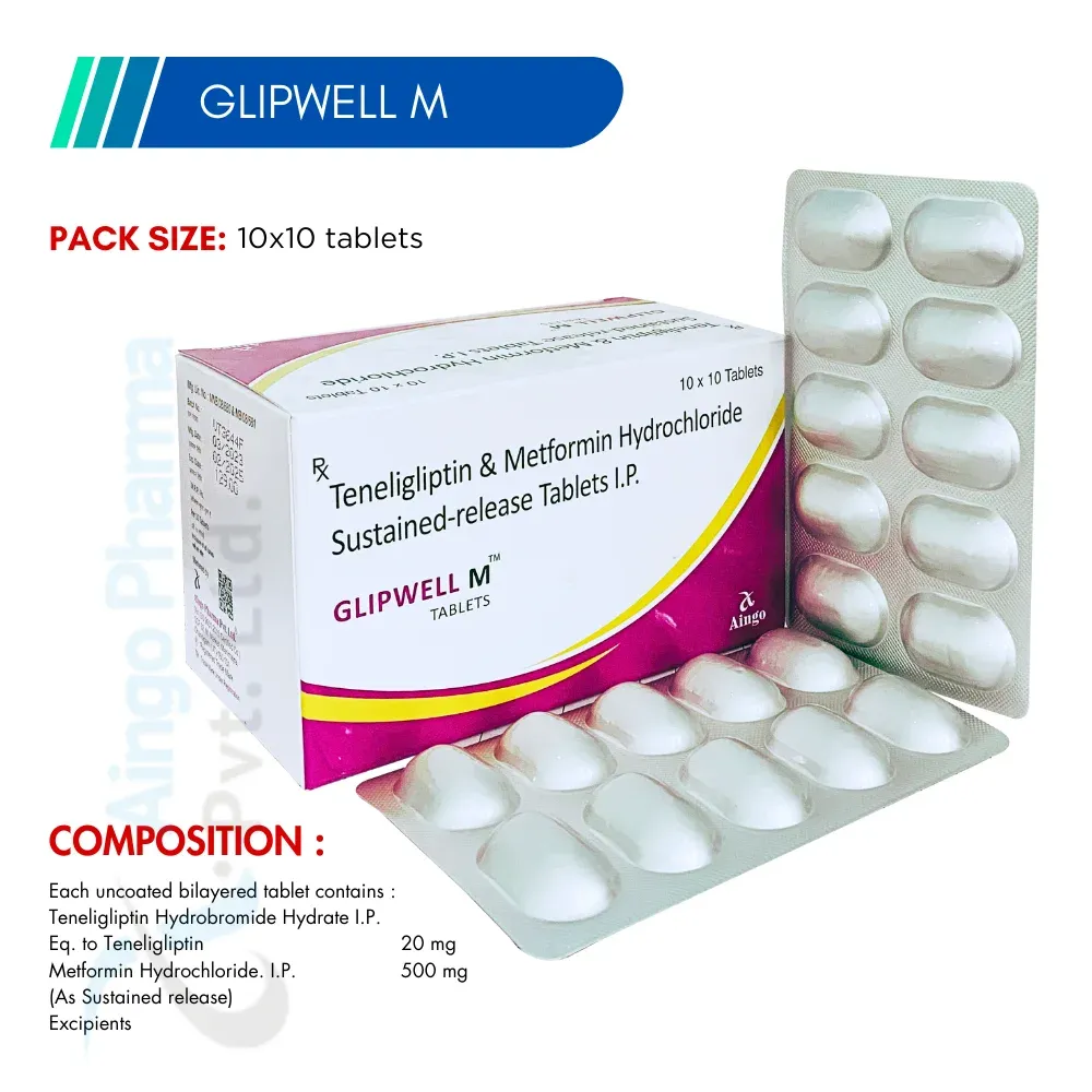 GLIPWELL-M – Teneligliptin 20mg + Metformin Hydrochloride 500mg Tablets