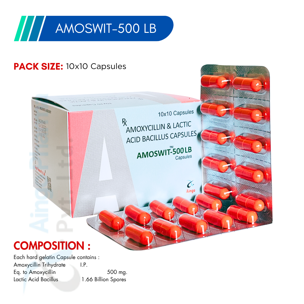 AMOSWIT-500 LB – Amoxycillin 500mg + Lactic Acid Bacillus Capsules