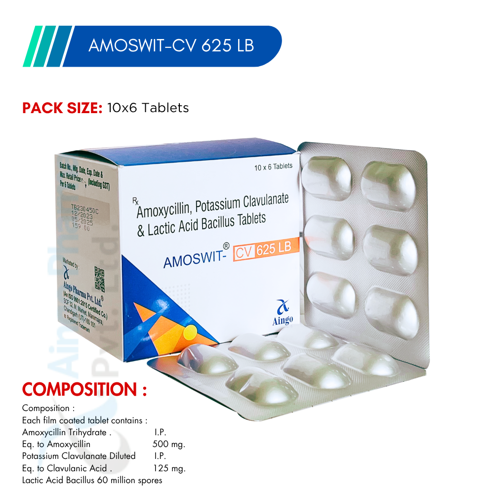 AMOSWIT-CV 625 LB – Amoxycillin 500mg + Clavulanic Acid 125mg + Lactic Acid Bacillus Tablets