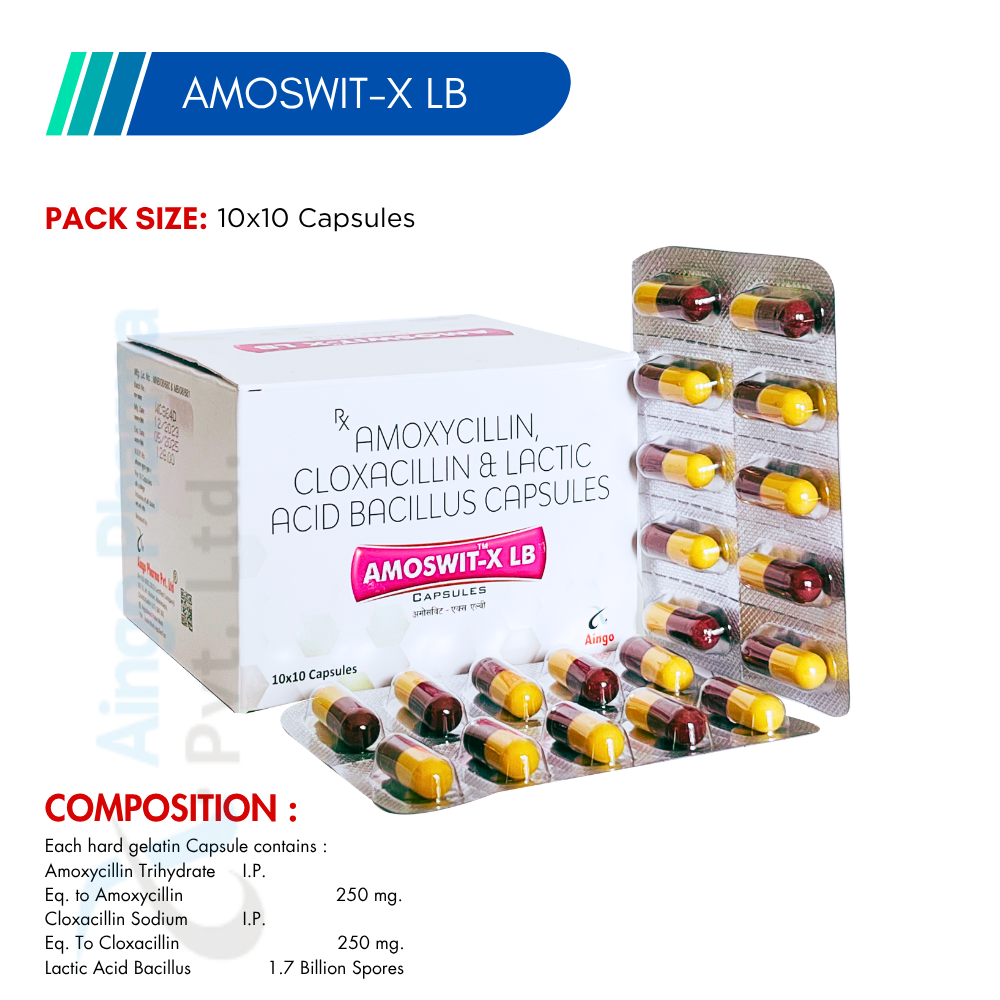 AMOSWIT-X LB – Amoxycillin 250mg + Cloxacillin 250mg + Lactic Acid Bacillus Capsules
