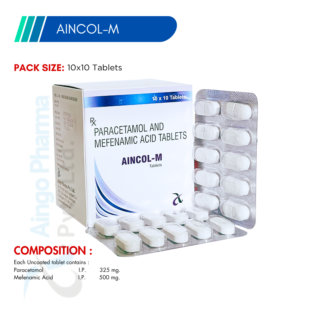 AINCOL-M – Paracetamol 325mg + Mefenamic Acid 500mg Tablets
