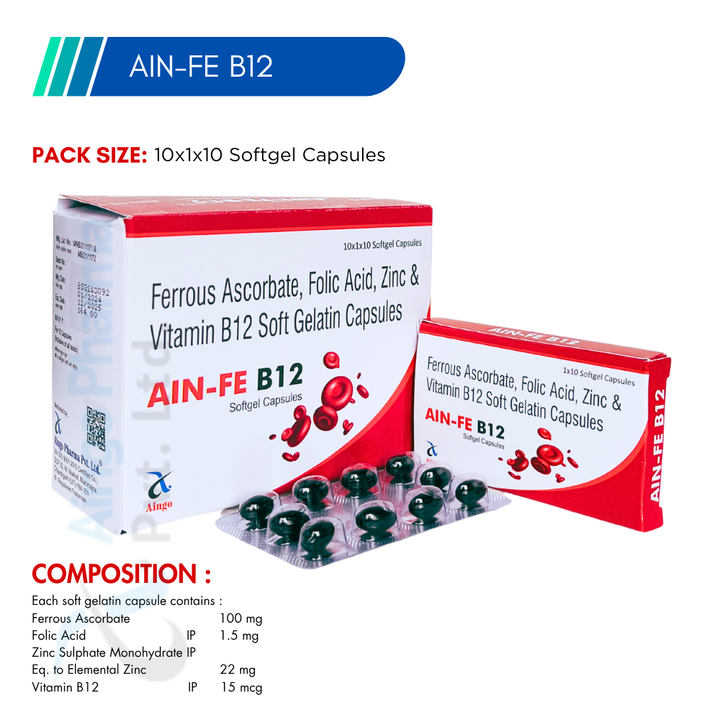 AIN-FE-B12 – Ferrous Ascorbate 100mg + Folic Acid 1.5mg + Zinc Sulphate Monohydrate 22mg + Vi...