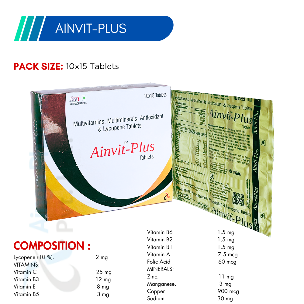 AINVIT-PLUS – Multivitamin + Multimineral + Antioxidant and Lycopene Tablets
