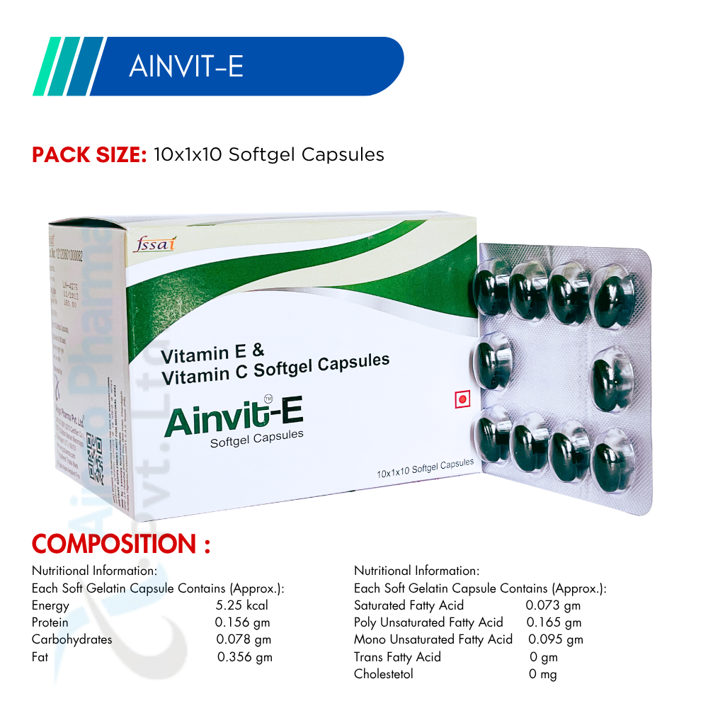 AINVIT-E – Vitamin E 400 I.U. + Vitamin C 150mg Softgel Capsules