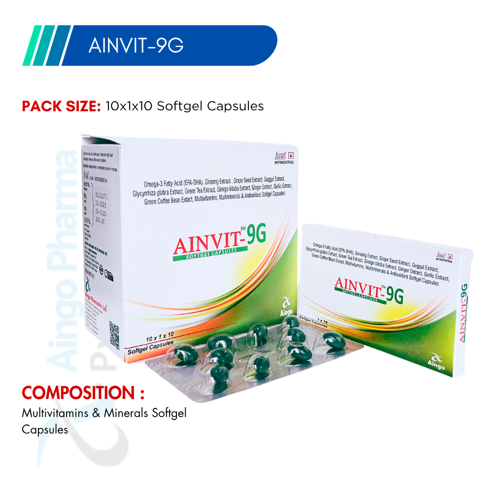 AINVIT-9G – Omega-3 Fatty Acids + Ginseng Ext Power + Grape Seed Ext + Guggul Ext + Glycyrrh...