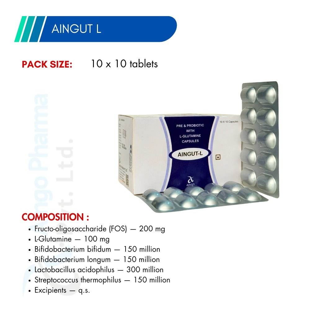 AINGUT-L – Fructooligosaccharides 200mg + L-Glutamine 100mg + Bifidobacterium Bifidum 150 M...