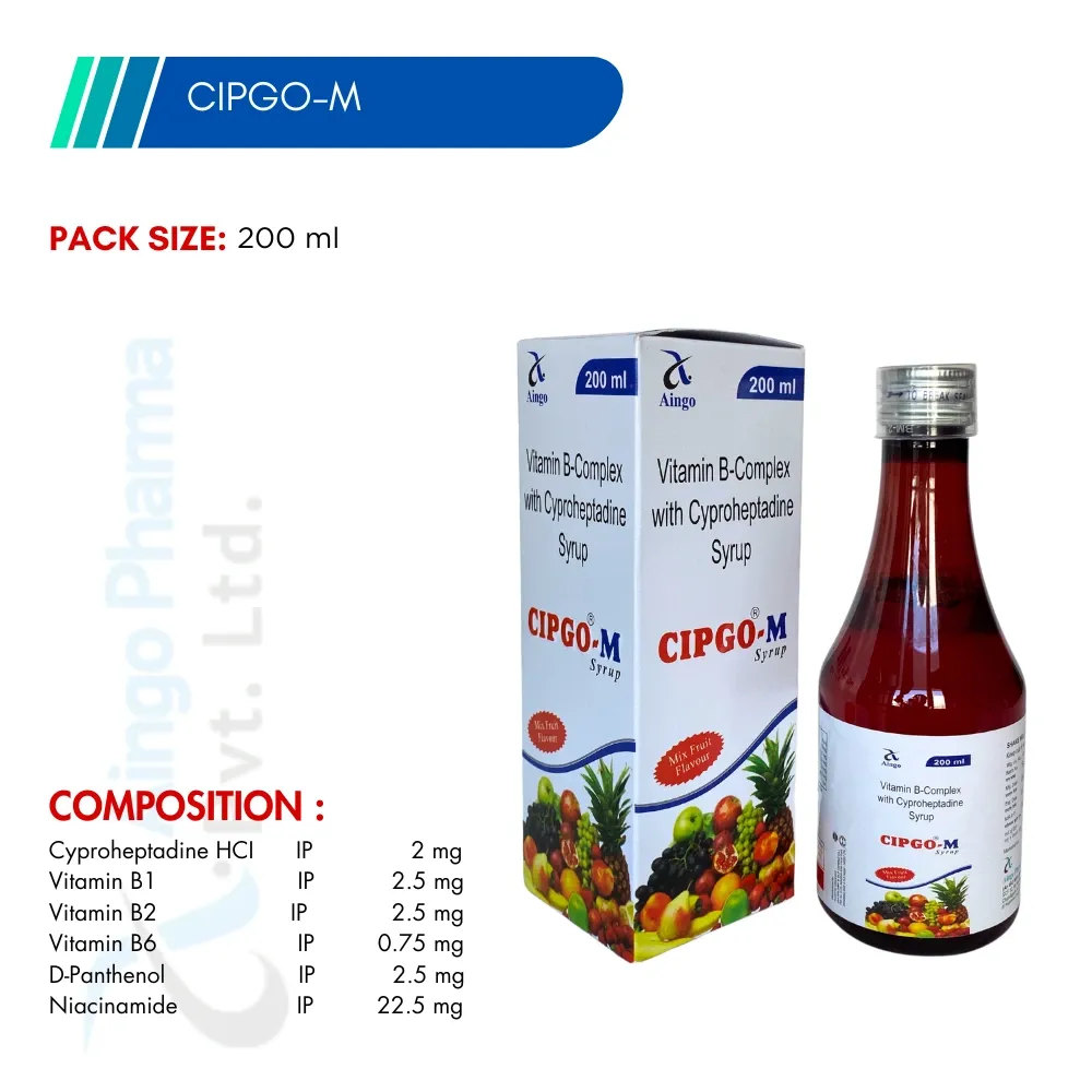 CIPGO-M (MIX FRUIT FLAVOUR) – Cyproheptadine Hydrochloride 2.0mg + Vitamin B1 2.5mg + Vitamin B2 2.5mg + Vitam...