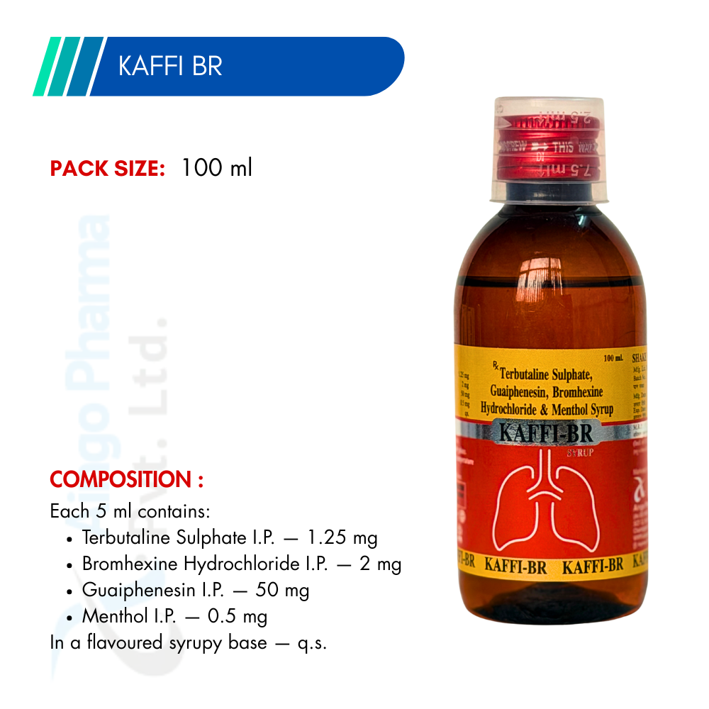 KAFFI-BR – Bromhexine HCl 2mg + Terbutaline Sulphate 1.25mg + Guaiphenesin 50mg Syrup