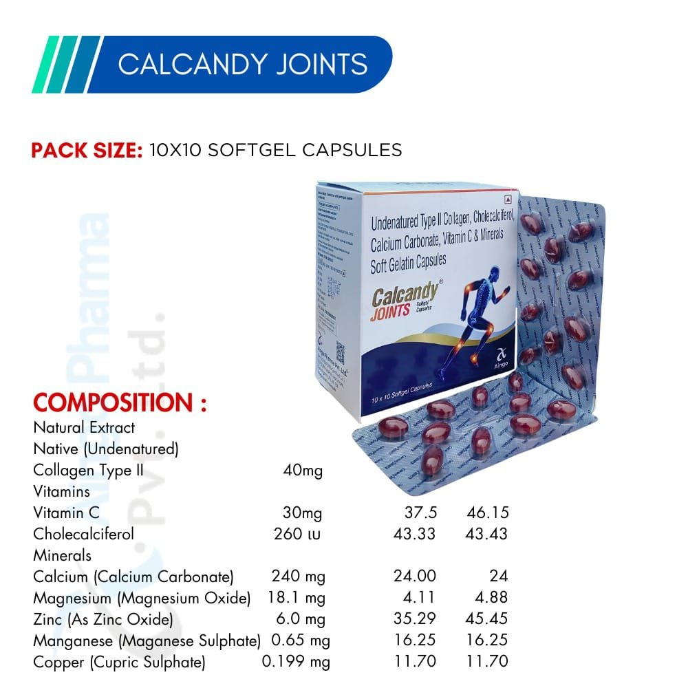 CALCANDY JOINTS – Collagen Type-II 40mg + Vitamin C 30mg + Cholecalciferol 260 I.U. + Calcium Carb...