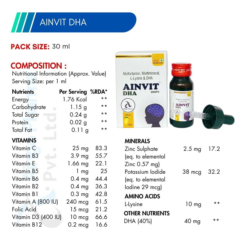 Ainvit DHA : Multivitamin, Multimineral, L-Lysine & DHA Supplement